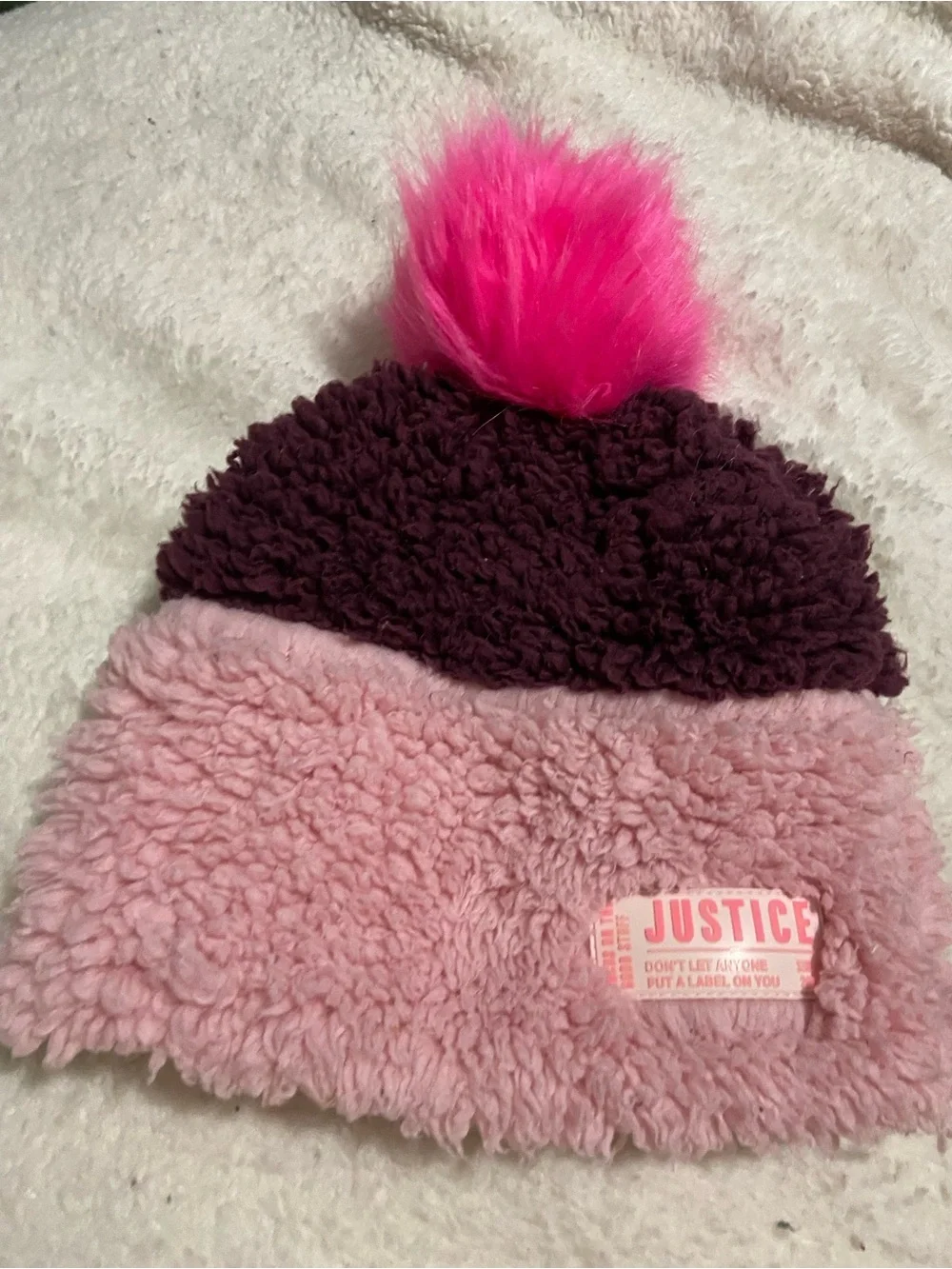 Justice Two-Tone Pink and Plum Faux Fur Pom Beanie